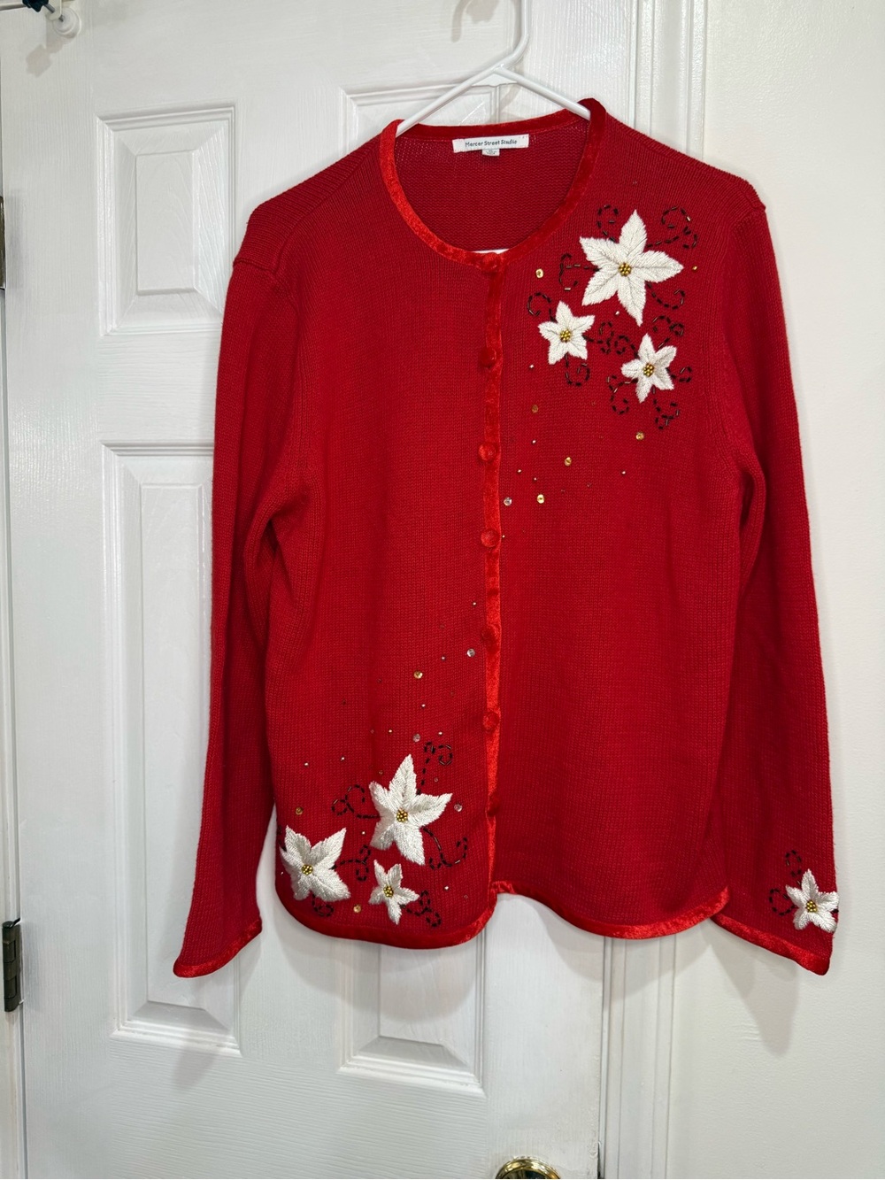 Mercer Street Studio Christmas Cardigan Red Beaded Poinsettia Sequin XL